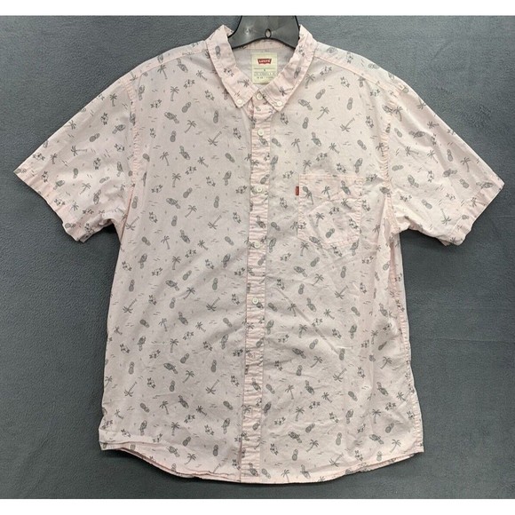 Levi’s Hawaiian Shirt Men's Size XL Pink Palm Trees Flamingos Pineapples Short - Picture 1 of 11